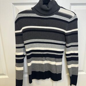 St. John’s Bay Ribbed Striped Turtleneck Sweater Grey Black White Size M